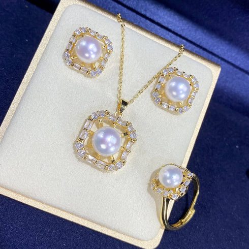 Square Zirconia White Freshwater Pearl Jewelry Set - House Of Pearls